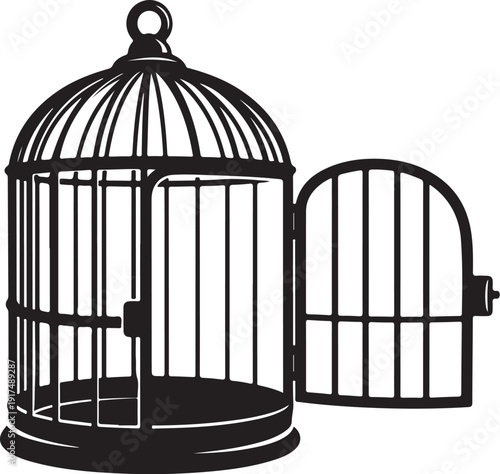 Black and white illustration of an open birdcage door