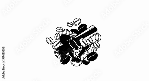 Black and white line art of coffee beans with cinnamon sticks