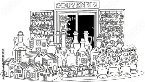 Charming village scene with souvenir shop displaying bottles, houses, and figurines