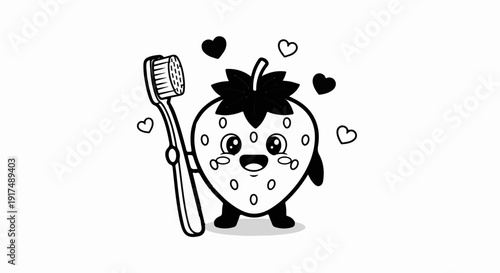 Cute cartoon strawberry character holding a toothbrush with hearts around