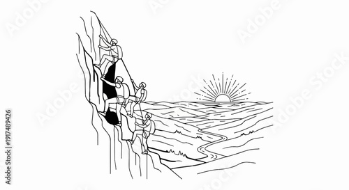 Climbers ascend a steep mountain face as the sun rises over a valley