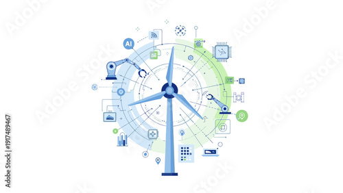Infographic illustration of a wind turbine surrounded by various eco-friendly and technological icons on a white background with a mix of blue and green hues.