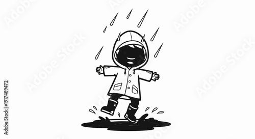Cheerful child in rain gear happily splashes in puddles
