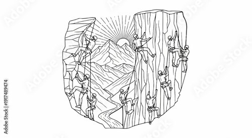 Climbers ascend rugged cliffs with a sunlit mountain range and winding river below