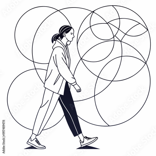 A woman walks through overlapping circles