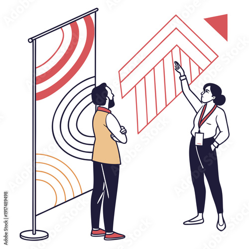 Two businesspeople discussing a rising graph