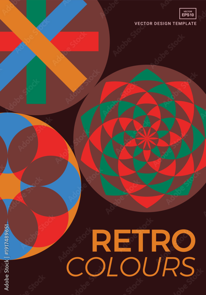 Obraz premium Colorful design template with round elements applicable for book covers, posters, postcards, banners, flyers. Retro style.