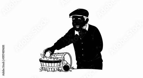 Cheerful older man in cap gathers apples from barrel into basket