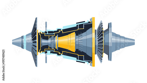Cutaway illustration of a jet engine showing internal components against a white background with a technical and industrial mood.