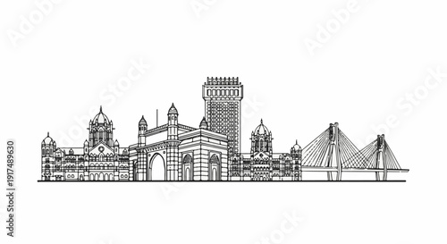 Black and white line art silhouette of famous city landmarks and bridges