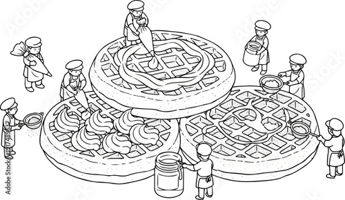 Cheerful little bakers decorate a stack of delicious waffles with cream and toppings