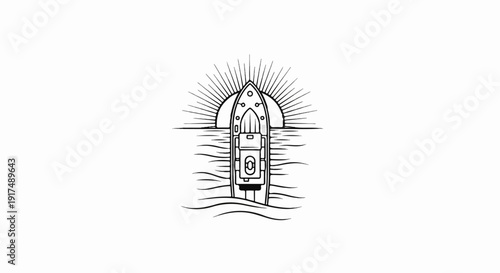 Boat sailing into a stylized sunrise over wavy water