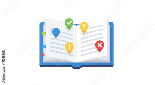 Colorful map pin icons on document.