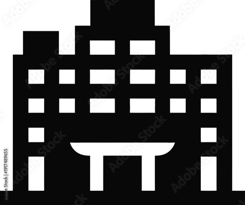 Black silhouette of a large building icon representing a hospital medical clinic corporate office apartment complex or urban architectural structure.