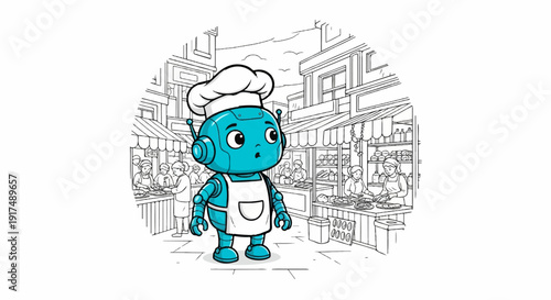 Cute robot chef in a busy market with food stalls and shoppers