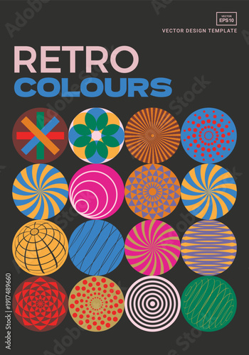 Colorful design template with round elements applicable for book covers, posters, postcards, banners, flyers. Retro style.