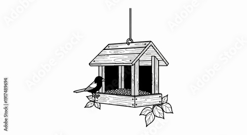 Black and white line drawing of a bird feeder with a perched bird and seeds