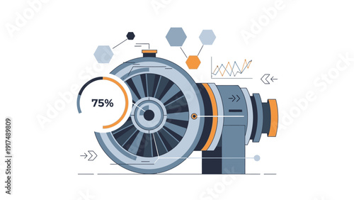 Infographic illustration of a turbocharger with performance metrics and graphs on a white background.
