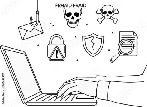 Cyber threat icons surround a person typing on a laptop