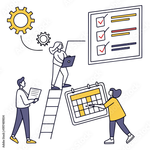 Team working on a project plan with checklist and calendar