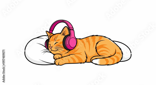 Cute striped orange cat wearing headphones and sleeping peacefully on a pillow
