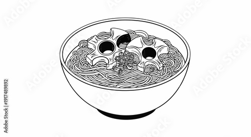 Black and white line drawing of a bowl overflowing with noodles and two star-shaped food items