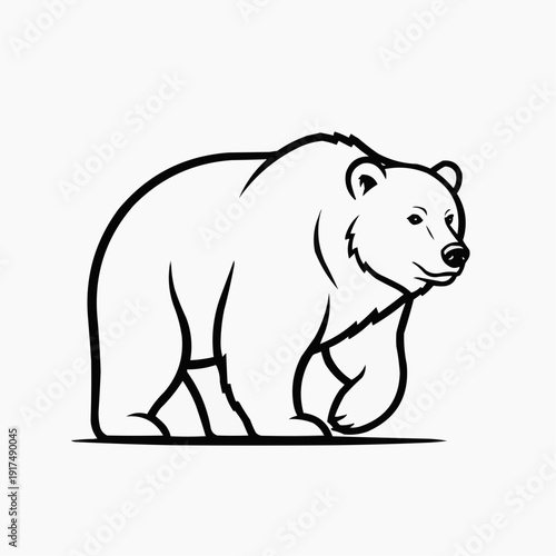 A stylized black and white illustration of a polar bear walking on flat terrain.