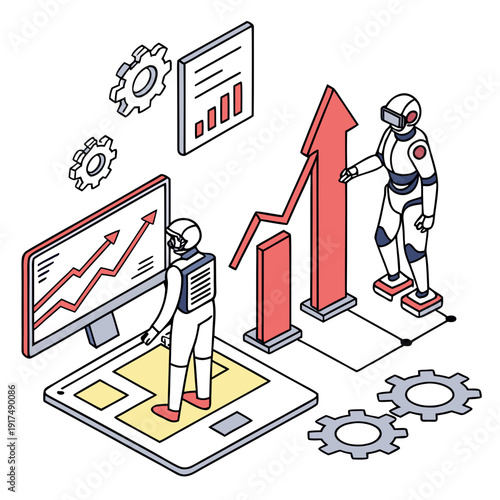 A robot and a man looking at a graph on a computer screen