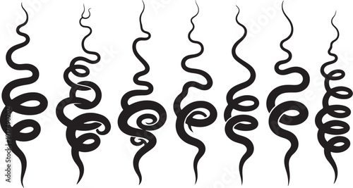 Black smoke swirls rising up in various curvy motions