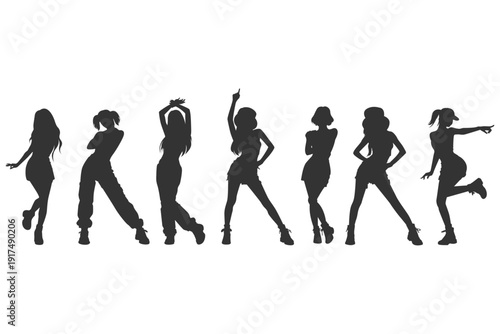 Set monochrome silhouette kpop idol singing and dancing on stage. Modern pop music entertainers shown in expressive poses and dynamic movements. Flat vector artwork female singer, rapper, dancer.
