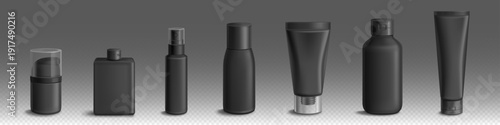 Realistic png set of black cosmetic bottles