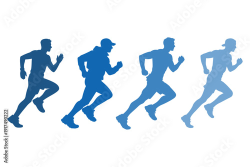 Set cartoon style silhouettes people training and exercising. Male runners featured in different outfits and dynamic movements. Flat vector design representing active lifestyle and sprint athletic