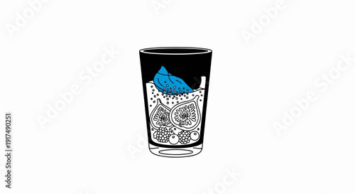 Black glass filled with fruit slices, berries, and a blue garnish