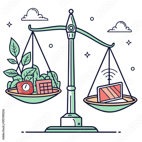 A scale balancing a plant and a laptop