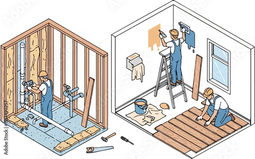 Construction workers renovate a room, installing plumbing and laying floorboards