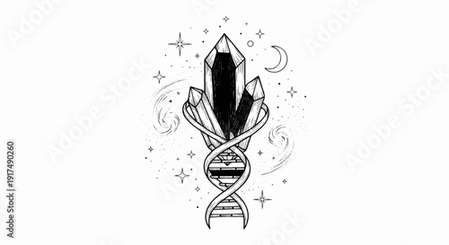 Cosmic crystal formation intertwined with DNA structure under starry sky