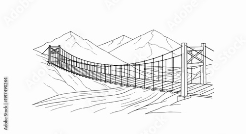 Black and white sketch of a suspension bridge spanning a river amidst mountainous terrain