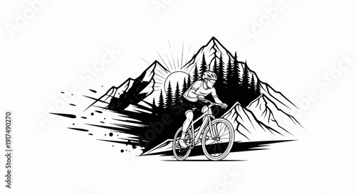 Cyclist rides a bike on a mountain path with trees and sun