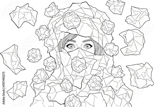 Close up of a person's wide eyes peering through a fractured, geometric overlay