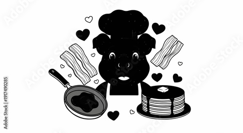Chef pig with bacon, pancakes, and hearts