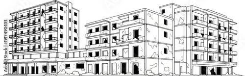 Damaged multi-story apartment buildings with broken windows and cracked walls