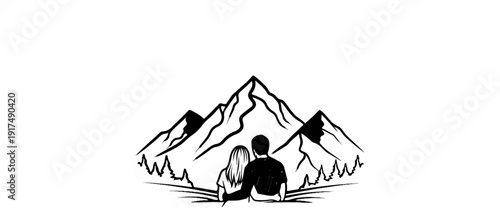 Couple embraces overlooking majestic, snow-capped mountains and pine trees