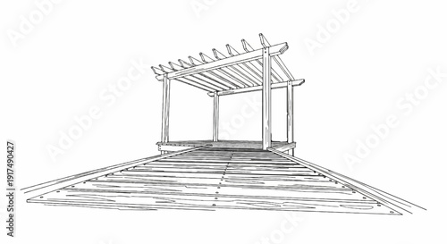 Black and white sketch of a wooden pergola structure on a boardwalk