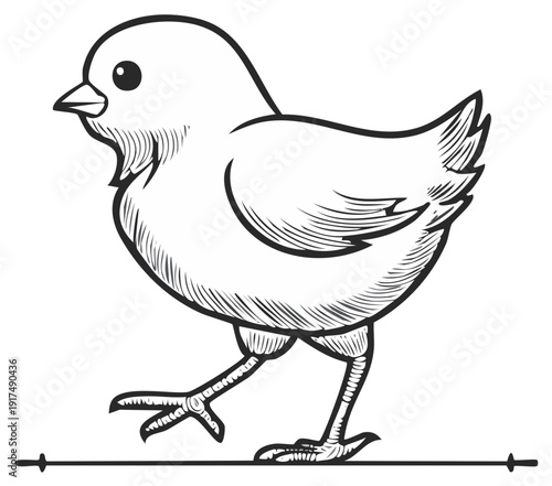 Hand Drawn Sketch of a Baby Chick Walking Simple Line Art Illustration