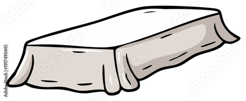 Cartoon drawing of an empty rectangular table covered with a simple draped light colored tablecloth