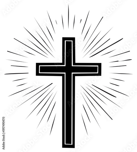 Black Christian Cross Silhouette with Radiant Light Rays