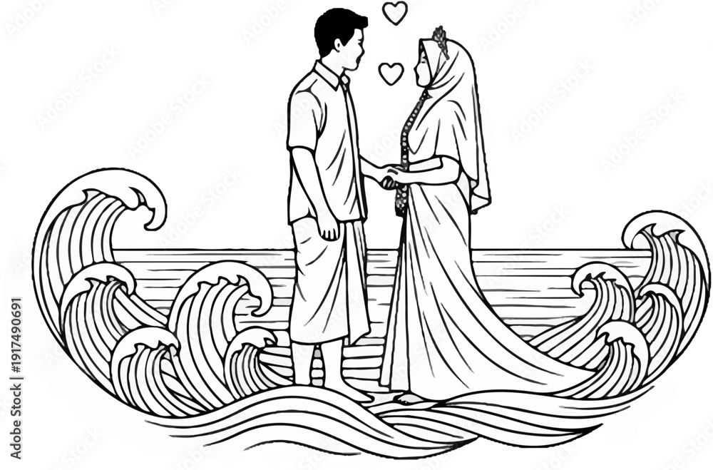Obraz premium Couple holding hands on waves with hearts floating above