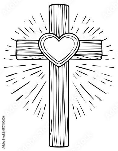 Wooden Cross with Heart, Rays, Religious Symbol Illustration