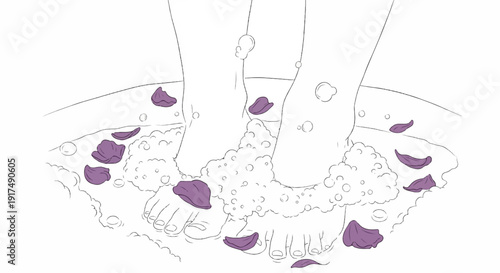 Close-up illustration of feet in a bubble bath with flower petals