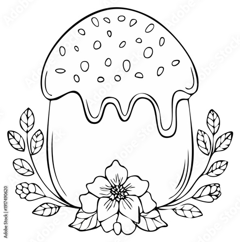 Hand drawn outline of an Easter cake with floral decoration and icing details